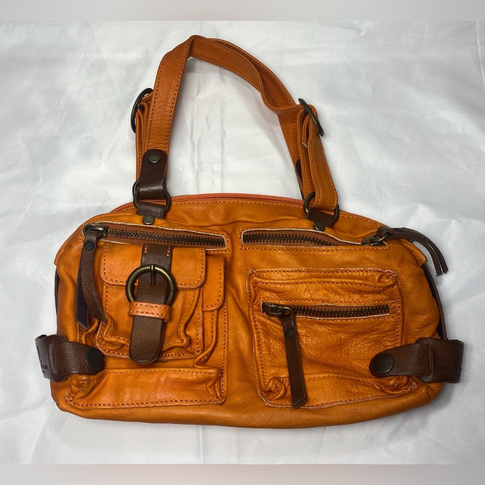 CECILE JEANNE Butterscotch leather Brown Trim Brass Hardware Bag Purse Satchel